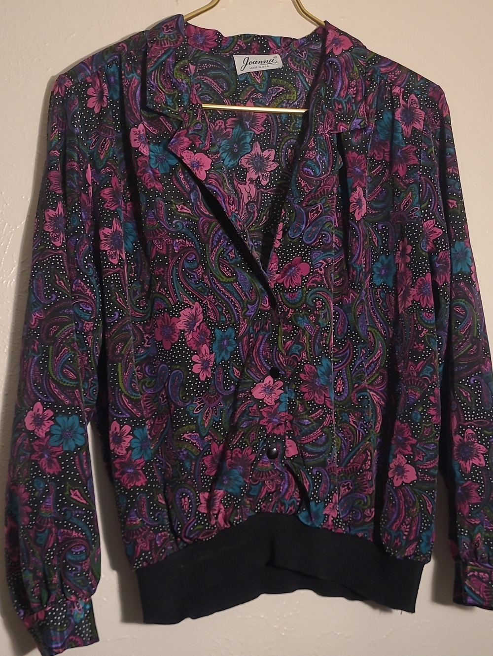 80s Vintage Joanna Black Floral Paisley Womens Blazer Jacket With Shouler Pads